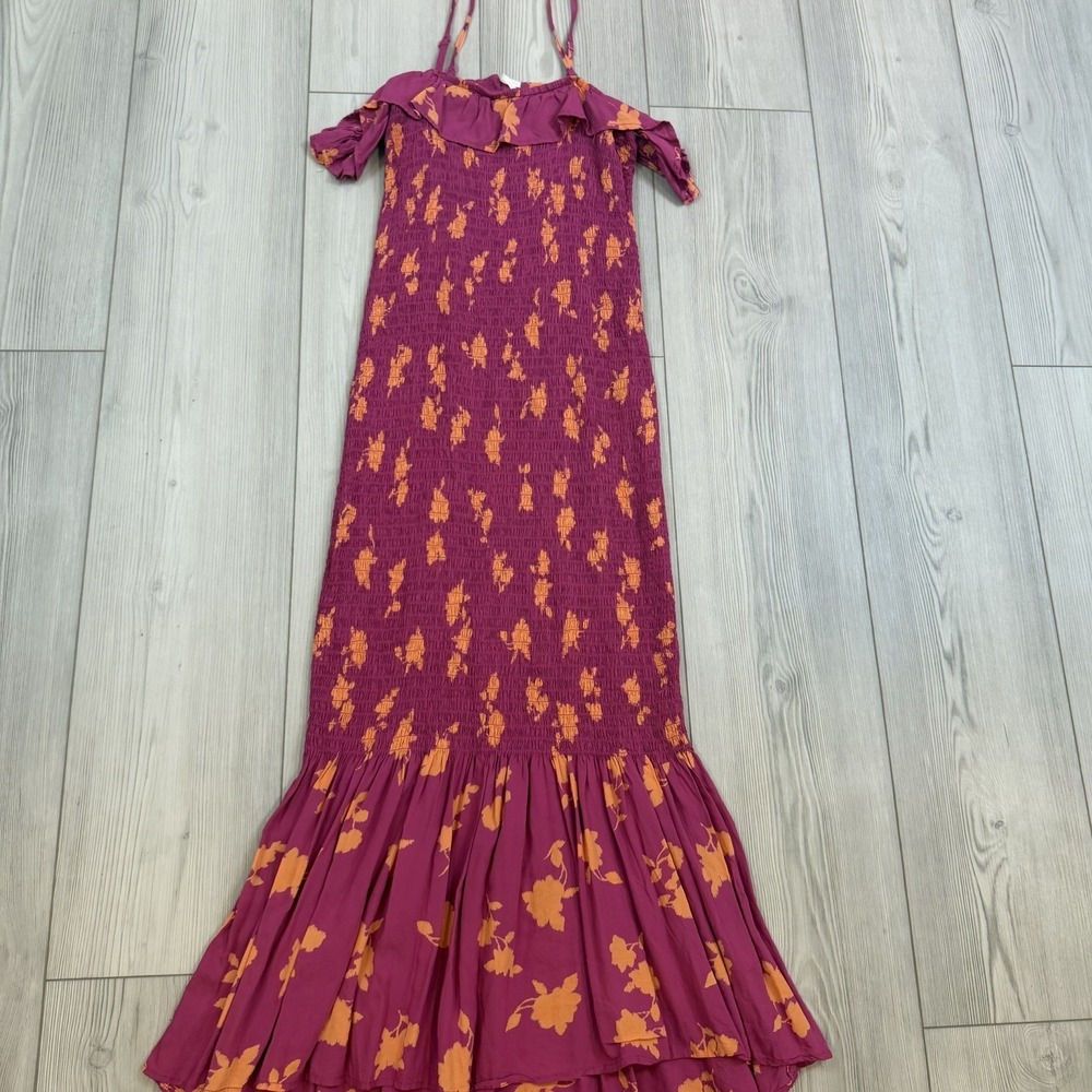 By Anthropologie XS Off-The-Shoulder Smocked Midi Dress Pink Orange Floral - Picture 5 of 13